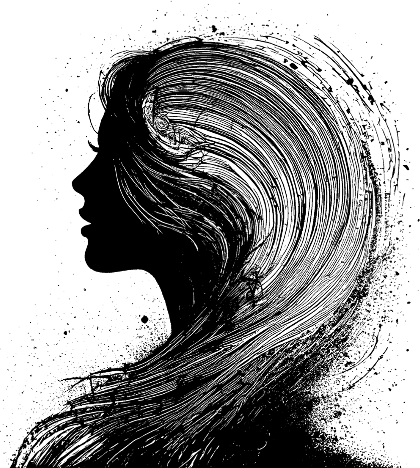 Ink illustration of a figure in profile with flowing hair